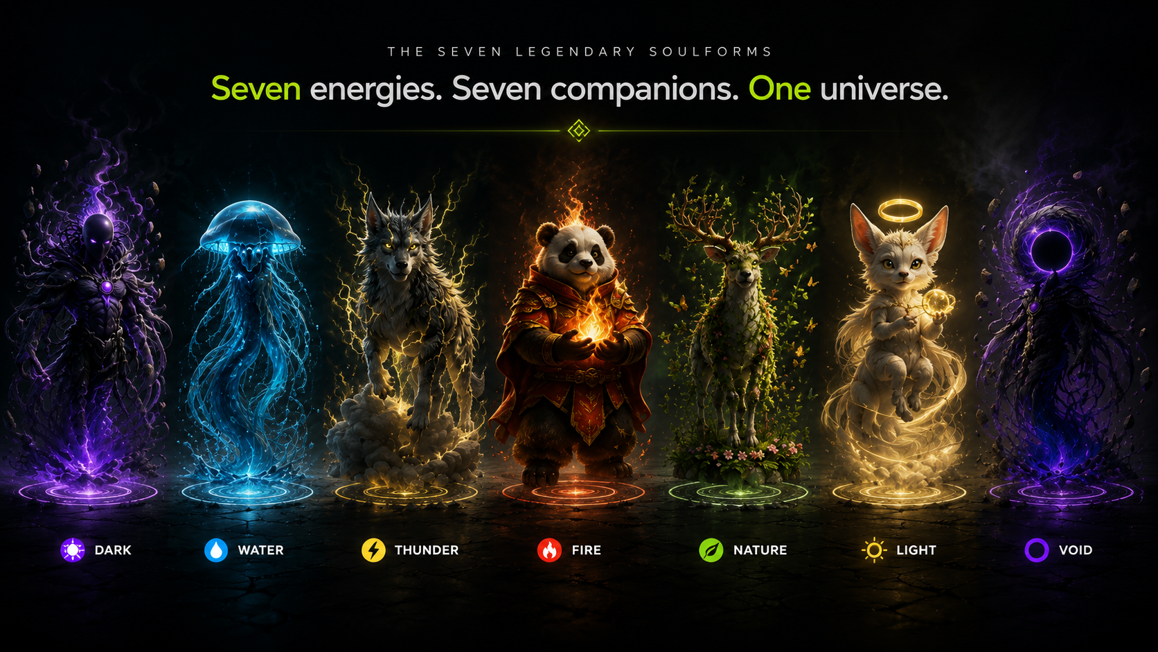 The seven legendary SoulForms of the Invarse universe — Dark, Water, Thunder, Fire, Nature, Light, Void