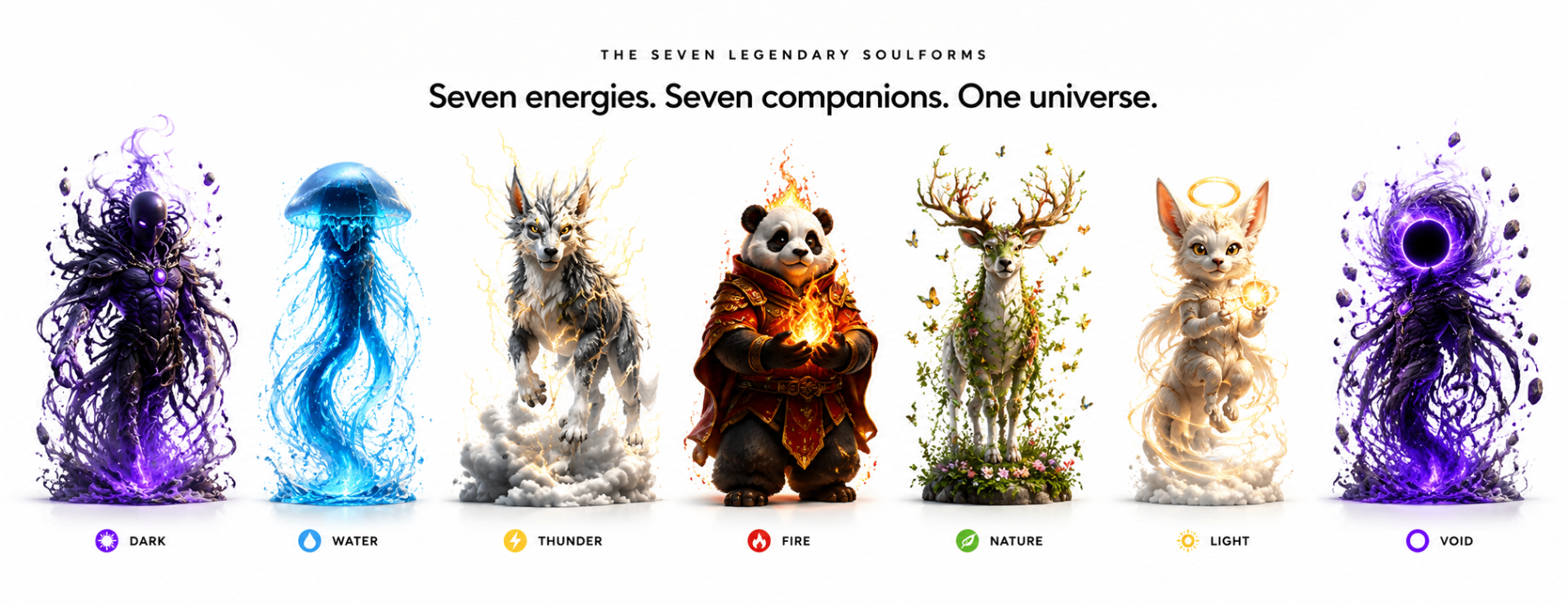 The seven legendary SoulForms of the Invarse universe — Dark, Water, Thunder, Fire, Nature, Light, Void